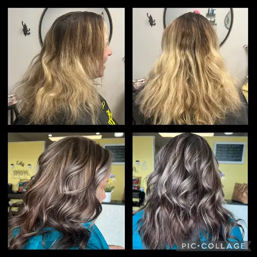 Six hours later, this color correction became a rich dimensional brunette with bold ribbon highlight(..)
